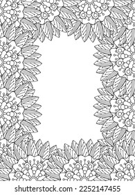Zentangle Doodle Floral Borders Coloring Page Adult. Set of black and white labels with floral doodle patterns, hand draw in mehndi style. 
