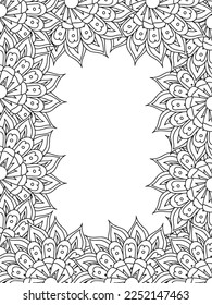 Zentangle Doodle Floral Borders Coloring Page Adult. Set of black and white labels with floral doodle patterns, hand draw in mehndi style. 