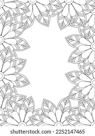 Zentangle Doodle Floral Borders Coloring Page Adult. Set of black and white labels with floral doodle patterns, hand draw in mehndi style. 