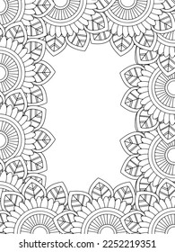 Zentangle Doodle Floral Borders Coloring Page Adult. Set of black and white labels with floral doodle patterns, hand draw in mehndi style. 