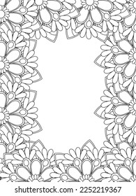 Zentangle Doodle Floral Borders Coloring Page Adult. Set of black and white labels with floral doodle patterns, hand draw in mehndi style. 