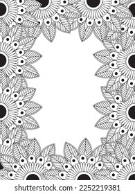 Zentangle Doodle Floral Borders Coloring Page Adult. Set of black and white labels with floral doodle patterns, hand draw in mehndi style. 