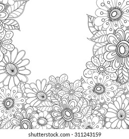 Zentangle doodle floral invitation card. Template wave frame design for card. Decorative hand-drawn vector element border.