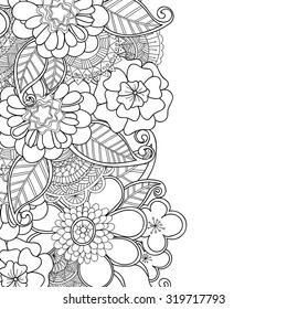 Zentangle doodle floral invitation card. Template flower frame design for card. Decorative hand-drawn vector element border.