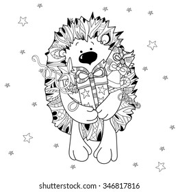 Zentangle doodle hand drawn christmas hedgehog with gift box on white background. Christmas vector sketch isolated.