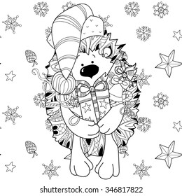 Zentangle doodle hand drawn christmas hedgehog with gift box on white background. Christmas vector sketch isolated.Seamless pattern.