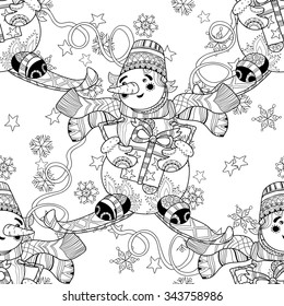 Zentangle doodle hand drawn Snowman ski on white background. Christmas vector seamless pattern.