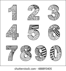 Zentangle doodle numbers. Tangled alphabet number signs. Zenart abstract calligraphy. Isolated vector typographic font.