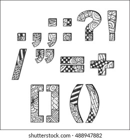 Zentangle doodle punctuation marks. Doodle tangled abstract signs for lettering. English language abstract calligraphy. Sketch typeset. Isolated vector punctuations.