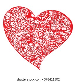 Zentangle doodle red heart ink hand drawn vector isolated
