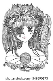 Zentangle doodle vector of beautiful young woman with flowers. black and white outline for coloring