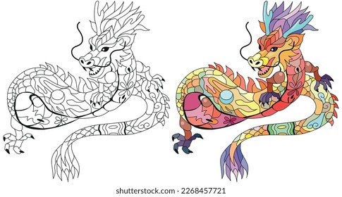 Zentangle dragon. Hand drawn decorative vector illustration for coloring. Color and outline set