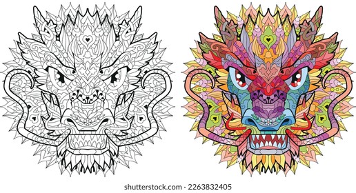 Zentangle dragon head with mandala. Hand drawn decorative vector illustration. Color and outline set