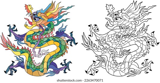 Zentangle dragon on mandala for coloring. Hand drawn decorative vector illustration. Color and outline set