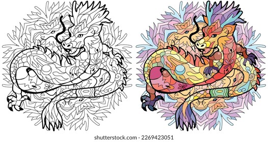 Zentangle dragon on mandala for coloring. Hand drawn decorative vector illustration. Color and outline set