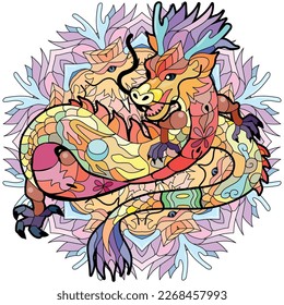 Zentangle dragon on mandala. Hand drawn decorative vector illustration