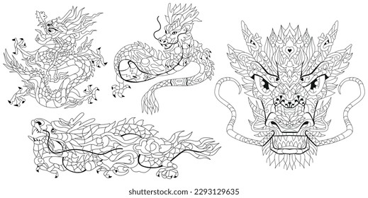 Zentangle dragons. Hand drawn decorative vector illustration for coloring