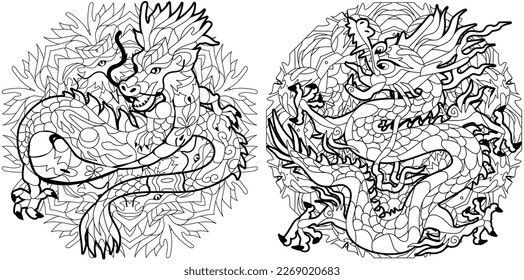 Zentangle dragons on mandala for coloring. Hand drawn decorative vector illustration