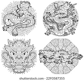 Zentangle dragons on mandalas. Hand drawn decorative vector illustration for coloring