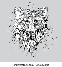 Zentangle drawing of a dog's head on a gray background. Painted by hand in ethnic style. Coloring book for children and adults. Sketch for a logo, t-shirt printing.