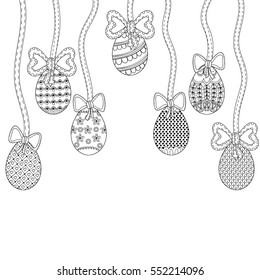 Zentangle Easter eggs with ink decorative ornamental elements, ribbons, bows.  Vector illustration for adult antistress coloring book, page, greeting cards