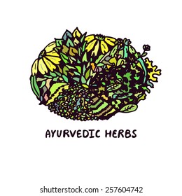 Zentangle element. Ayurvedic herbs. Suitable for ads, packaging, signboards, identity designs