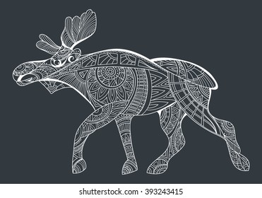 Zentangle elk vector illustration isolated on black background.Hand drawn elk for your design - coloring book for adults, print for t-shirt, tattoo. Elk in zen tangle style. Zen art animal collection
