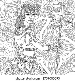 Zentangle fantasy coloring page for adults anti stress with beautiful girl elf  face with black and white background 