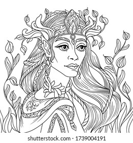 Zentangle fantasy coloring page for adults anti stress with beautiful girl elf  face with black and white background 