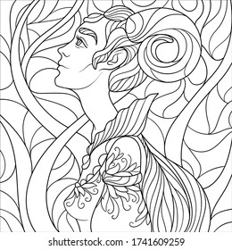 Zentangle fantasy coloring page for adults anti stress with beautiful girl with horns with black and white background 