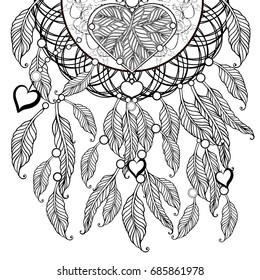 Zentangle feather heart, page for adult colouring book, vector design element. Ornamental doodle pattern isolated on white background.