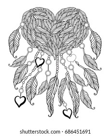 Zentangle feather heart, page for adult colouring book, vector design element. Ornamental  doodle  isolated on white background.