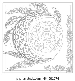 Zentangle feather mandala, page for adult coloring book, vector design element. Ornamental round doodle amulet isolated on white background.
