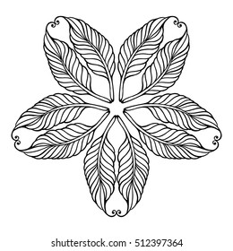 Zentangle feather mandala, page for adult colouring book, vector design element. Ornamental round doodle flower isolated on white background.