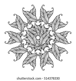 Zentangle feather mandala, page for adult colouring book, vector design element. Ornamental round doodle flower isolated on white background.