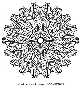 Zentangle feather mandala, page for adult colouring book, vector design element. Ornamental round doodle mandala isolated on white background.