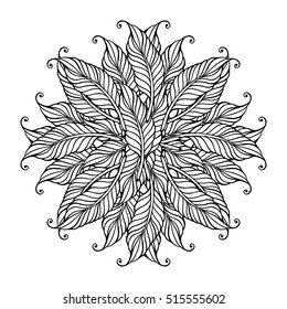 Zentangle feather mandala, page for adult colouring book, vector design element. Ornamental round doodle mandala isolated on white background. Digital rosette.