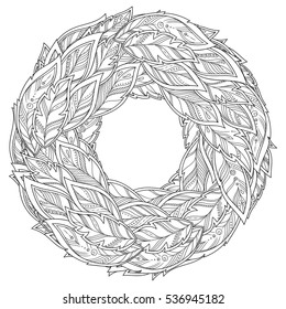 Zentangle feather mandala, page for adult colouring book, vector design element. Ornamental round doodle flower isolated on white background.