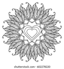 Zentangle feather mandala, page for adult colouring book, vector design element. Ornamental round doodle pattern isolated on white background.