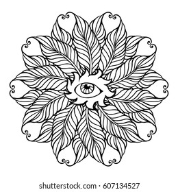 Zentangle feather mandala, page for adult colouring book, vector design element. Ornamental round doodle pattern isolated on white background.