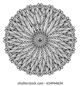 Zentangle feather mandala, page for adult colouring book, vector design element. Ornamental round doodle pattern isolated on white background.