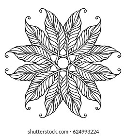 Zentangle feather mandala, page for adult colouring book, vector design element. Ornamental round doodle pattern isolated on white background.