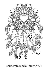 Zentangle feather mandala, page for adult colouring book, vector design element. Ornamental heart doodle pattern isolated on white background.