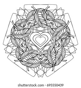 Zentangle feather mandala, page for adult colouring book, vector design element. Ornamental round doodle pattern isolated on white background.