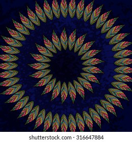 Zentangle feathers round figure in ethnic style. Colorful vector illustration can be used for web design, textures and textile cloth, printed products.