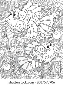 Zentangle with fish. Anti stress coloring