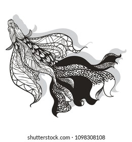 Zentangle Fish in Black and White, Vector Illustration.