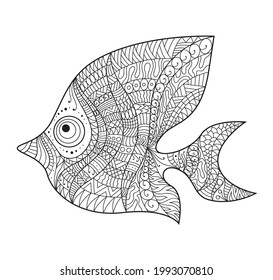 Diseño decorativo de peces Zentangle para el icono aislado monocromo del libro de colorantes. Ilustración vectorial.