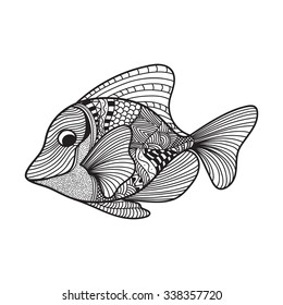 Zentangle Fish. Hand Drawn patterned vector illustration. Coloring book page for adults and child - zendala, design for relax and meditation, vector illustration isolated on white background.