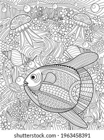 Zentangle with fish moon and  jellyfish . Anti stress coloring